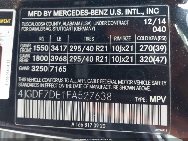 Продаж на аукціоні авто 2015 Mercedes-benz Gl 550 4matic, vin: 4JGDF7DE1FA527638, номер лоту: 45008003