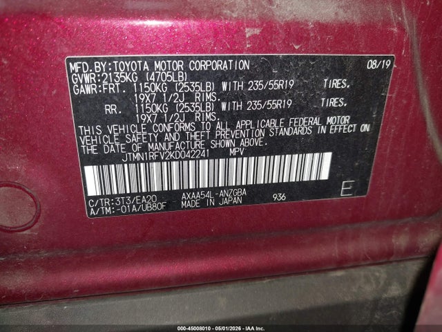 45008010 :رقم المزاد ، JTMN1RFV2KD042241 vin ، 2019 Toyota Rav4 Limited مزاد بيع