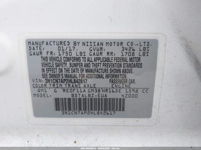 3N1CN7AP2HL842617 Nissan Versa 1.6 Sv