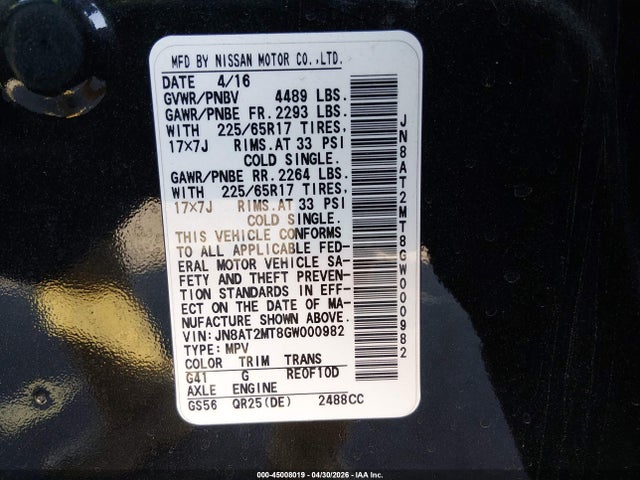 2016 Nissan Rogue S მანქანა იყიდება აუქციონზე, vin: JN8AT2MT8GW000982, აუქციონის ნომერი: 45008019