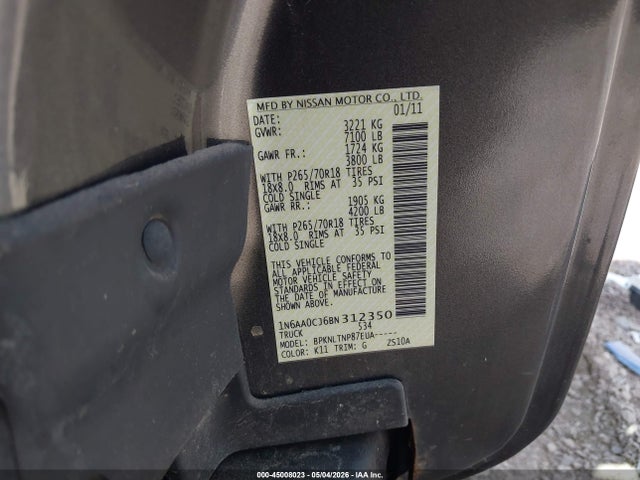Продаж на аукціоні авто 2011 Nissan Titan Sv, vin: 1N6AA0CJ6BN312350, номер лоту: 45008023