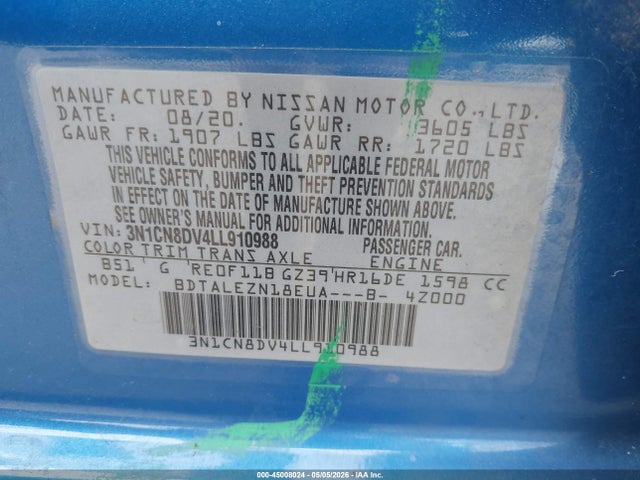 Продажа на аукционе авто 2020 Nissan Versa S Xtronic Cvt, vin: 3N1CN8DV4LL910988, номер лота: 45008024