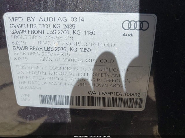45008033 :رقم المزاد ، WA1LFAFP1EA109892 vin ، 2014 Audi Q5 2.0t Premium مزاد بيع