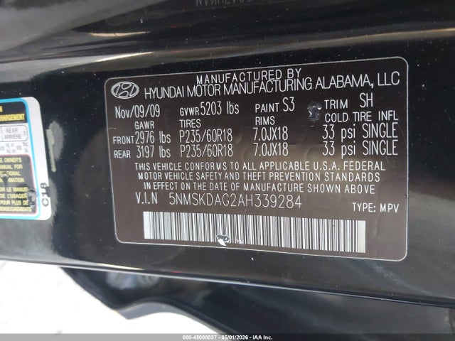 Aukcja sprzedaży 2010 Hyundai Santa Fe Limited V6, vin: 5NMSKDAG2AH339284, numer aukcji: 45008037