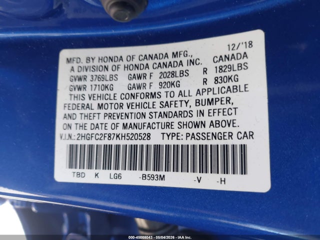 Honda Civic Sport 2019 2HGFC2F87KH520528 Image 9