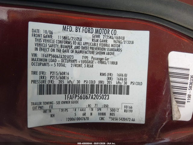Aukcja sprzedaży 2007 Ford Taurus Sel, vin: 1FAFP56U67A205023, numer aukcji: 45008044