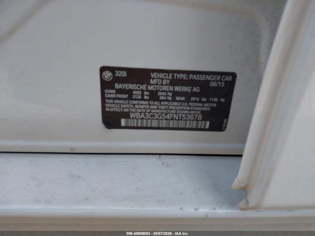 2015 Bmw 320i Xdrive მანქანა იყიდება აუქციონზე, vin: WBA3C3G54FNT53678, აუქციონის ნომერი: 45008052
