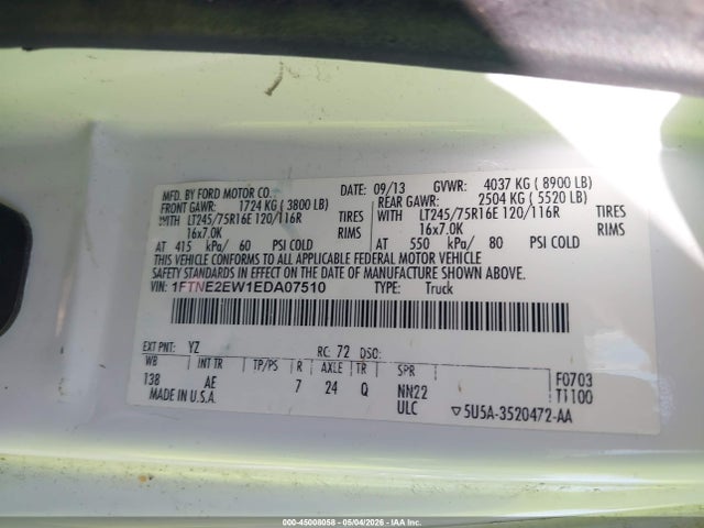 Продаж на аукціоні авто 2014 Ford E-250 Commercial, vin: 1FTNE2EW1EDA07510, номер лоту: 45008058
