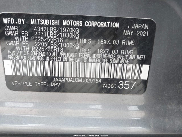 Aukcja sprzedaży 2021 Mitsubishi Outlander Sport 2.0 Be 2wd/2.0 Es 2wd/2.0 Le 2wd/2.0 S 2wd, vin: JA4APUAU3MU029154, numer aukcji: 45008067