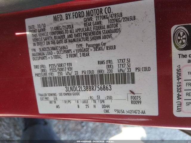45008069 :رقم المزاد ، 3LNDL2L38BR756863 vin ، 2011 Lincoln Mkz Hybrid مزاد بيع