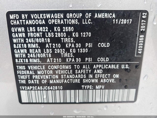 Aukcja sprzedaży 2018 Volkswagen Atlas 2.0t S, vin: 1V2AP2CA5JC542810, numer aukcji: 45008070