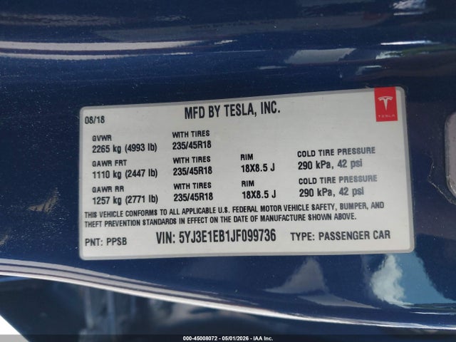 2018 Tesla Model 3 Long Range/performance მანქანა იყიდება აუქციონზე, vin: 5YJ3E1EB1JF099736, აუქციონის ნომერი: 45008072