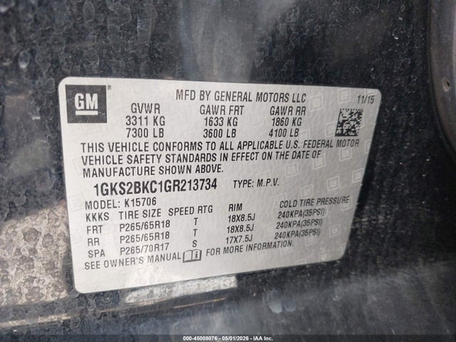 45008076 :رقم المزاد ، 1GKS2BKC1GR213734 vin ، 2016 Gmc Yukon Slt مزاد بيع