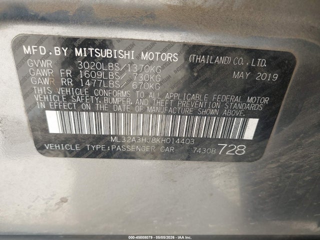 45008079 :رقم المزاد ، ML32A3HJ8KH014403 vin ، 2019 Mitsubishi Mirage Es/rf مزاد بيع