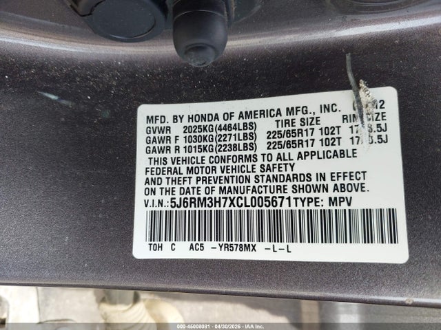 2012 Honda Cr-v Ex-l მანქანა იყიდება აუქციონზე, vin: 5J6RM3H7XCL005671, აუქციონის ნომერი: 45008081