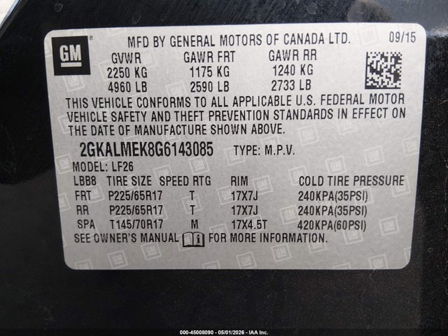 2016 Gmc Terrain Sle-1 მანქანა იყიდება აუქციონზე, vin: 2GKALMEK8G6143085, აუქციონის ნომერი: 45008090