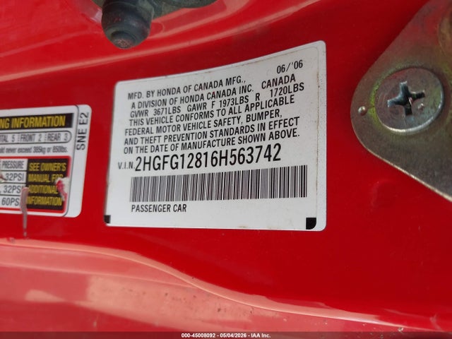 Aukcja sprzedaży 2006 Honda Civic Ex, vin: 2HGFG12816H563742, numer aukcji: 45008092