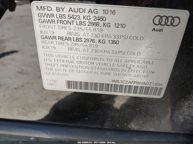 45008102 :رقم المزاد ، WA1C2AFP8HA071934 vin ، 2017 Audi Q5 2.0t Premium مزاد بيع