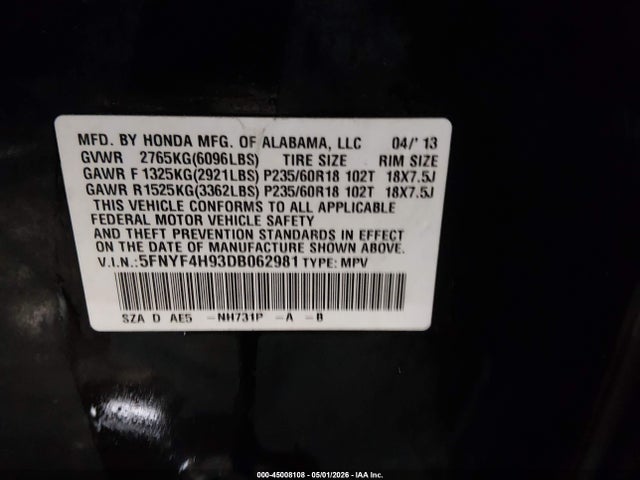 Aukcja sprzedaży 2013 Honda Pilot Touring, vin: 5FNYF4H93DB062981, numer aukcji: 45008108