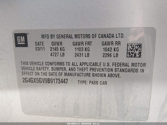 Продаж на аукціоні авто 2011 Buick Regal Cxl Turbo Oshawa, vin: 2G4GX5GV9B9173447, номер лоту: 45008113