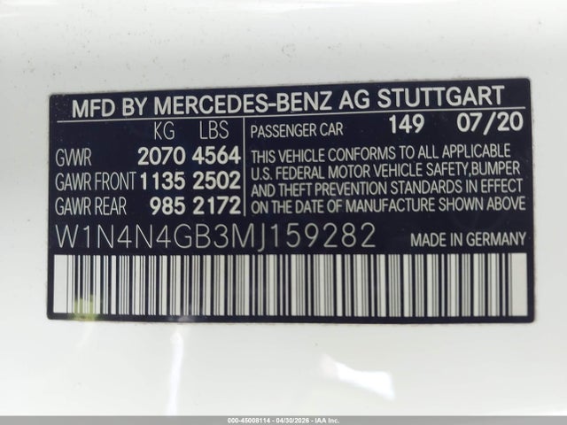 2021 Mercedes-benz Gla 250 მანქანა იყიდება აუქციონზე, vin: W1N4N4GB3MJ159282, აუქციონის ნომერი: 45008114