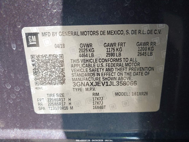 Aukcja sprzedaży 2018 Chevrolet Equinox Lt, vin: 3GNAXJEV1JL358066, numer aukcji: 45008126