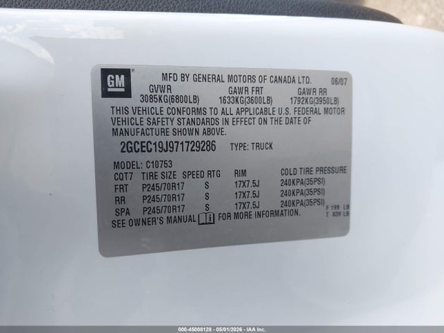 Продаж на аукціоні авто 2007 Chevrolet Silverado 1500 Ltz, vin: 2GCEC19J971729286, номер лоту: 45008128