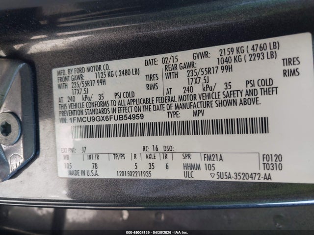 Продаж на аукціоні авто 2015 Ford Escape Se, vin: 1FMCU9GX6FUB54959, номер лоту: 45008139