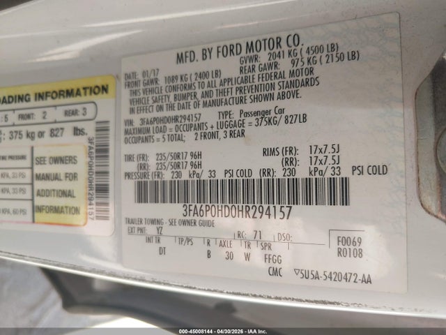 Aukcja sprzedaży 2017 Ford Fusion Se, vin: 3FA6P0HD0HR294157, numer aukcji: 45008144