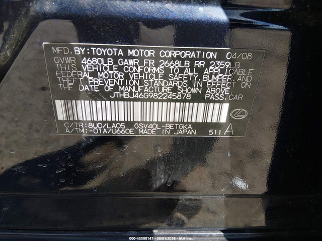 Продаж на аукціоні авто 2008 Lexus Es 350, vin: JTHBJ46G982245878, номер лоту: 45008147
