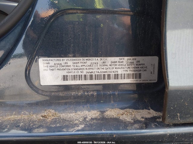 45008150 :رقم المزاد ، 3VWRZ7AJ2AM032425 vin ، 2010 Volkswagen Jetta Se مزاد بيع