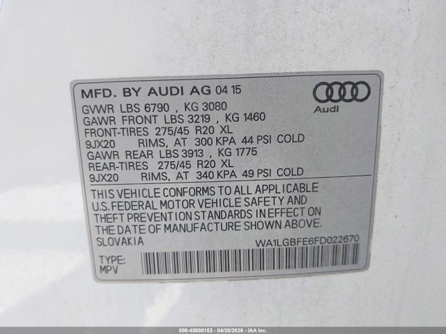 Продаж на аукціоні авто 2015 Audi Q7 3.0t Premium, vin: WA1LGBFE6FD022670, номер лоту: 45008153