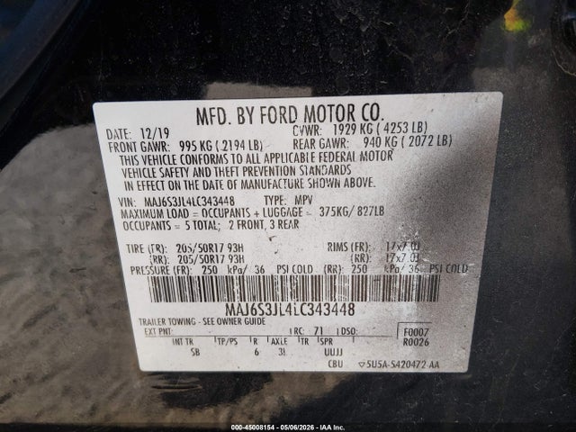 45008154 :رقم المزاد ، MAJ6S3JL4LC343448 vin ، 2020 Ford Ecosport Ses مزاد بيع