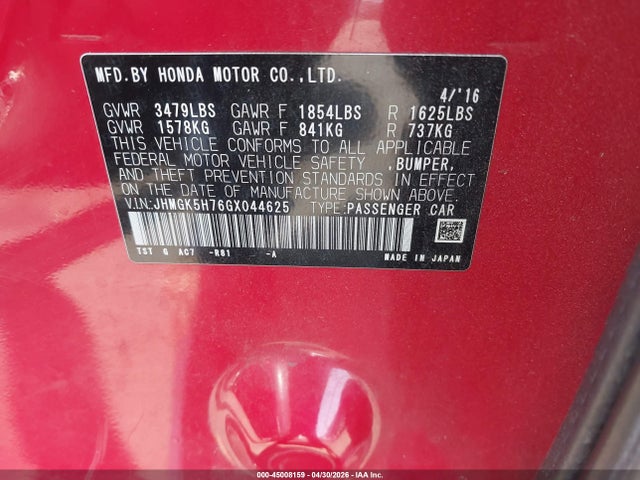 JHMGK5H76GX044625 Honda FIT EX