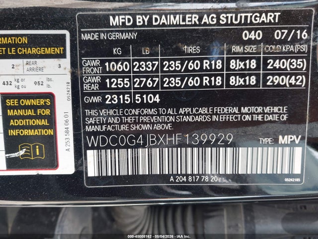Aukcja sprzedaży 2017 Mercedes-benz Glc 300, vin: WDC0G4JBXHF139929, numer aukcji: 45008162