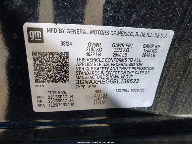 45008163 :رقم المزاد ، 3GNAXHEG5SL138523 vin ، 2025 Chevrolet Equinox Fwd Lt مزاد بيع