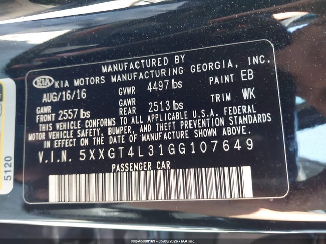 45008169 :رقم المزاد ، 5XXGT4L31GG107649 vin ، 2016 Kia Optima Lx مزاد بيع