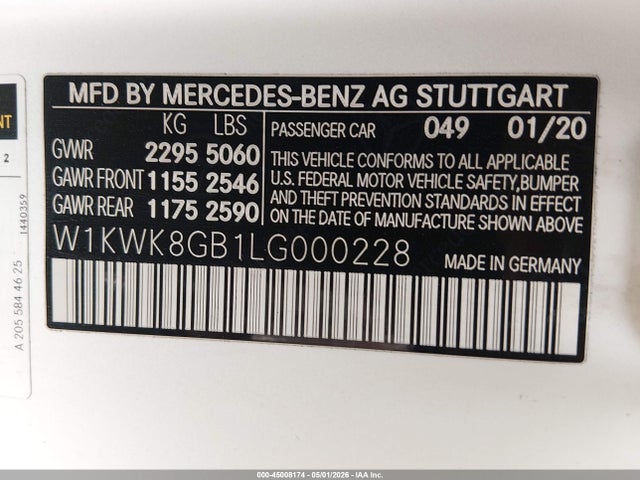 Aukcja sprzedaży 2020 Mercedes-benz Amg C 63, vin: W1KWK8GB1LG000228, numer aukcji: 45008174