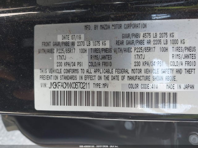 Aukcja sprzedaży 2019 Mazda Cx-5 Touring, vin: JM3KFACMXK0670211, numer aukcji: 45008185