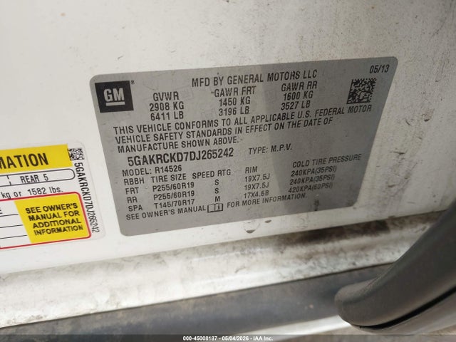 45008187 :رقم المزاد ، 5GAKRCKD7DJ265242 vin ، 2013 Buick Enclave Leather مزاد بيع