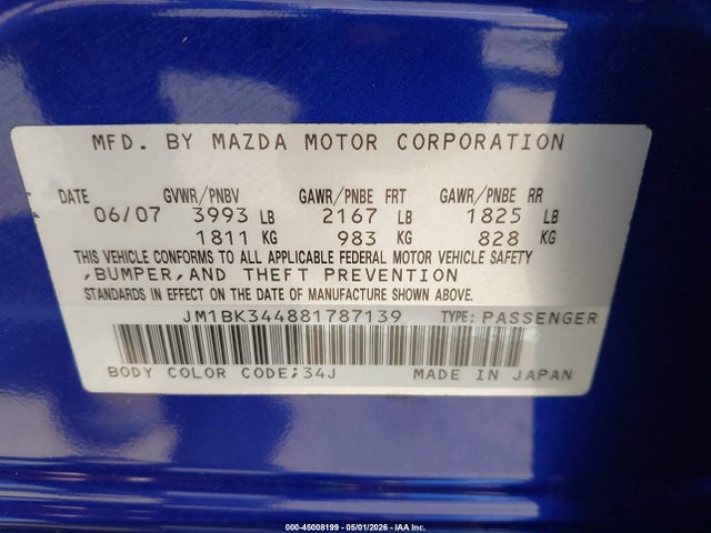 Aukcja sprzedaży 2008 Mazda Mazda3 S Sport, vin: JM1BK344881787139, numer aukcji: 45008199