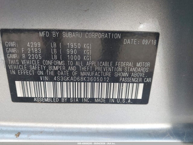 45008200 :رقم المزاد ، 4S3GKAD68K3605012 vin ، 2019 Subaru Impreza 2.0i Premium مزاد بيع