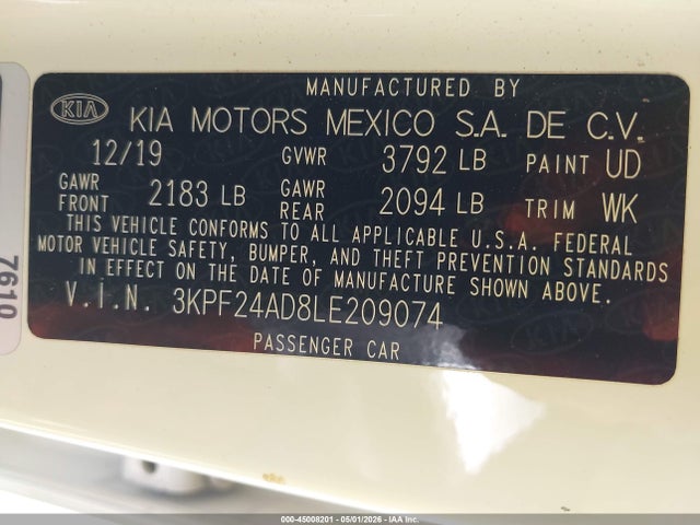 Продажа на аукционе авто 2020 Kia Forte Lxs, vin: 3KPF24AD8LE209074, номер лота: 45008201