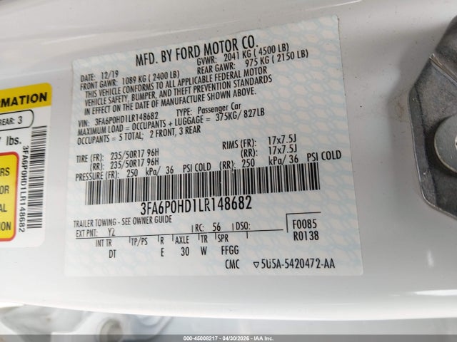 Aukcja sprzedaży 2020 Ford Fusion Se, vin: 3FA6P0HD1LR148682, numer aukcji: 45008217