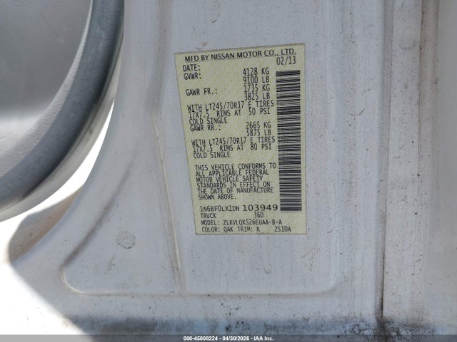 Продажа на аукционе авто 2013 Nissan Nv Cargo Nv2500 Hd S V6, vin: 1N6BF0LX1DN103949, номер лота: 45008224