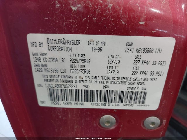 Aukcja sprzedaży 2007 Jeep Liberty Sport, vin: 1J4GL48K87W573281, numer aukcji: 45008227