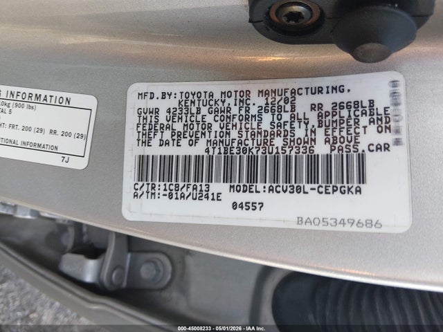 Продажа на аукционе авто 2003 Toyota Camry Xle, vin: 4T1BE30K73U157336, номер лота: 45008233