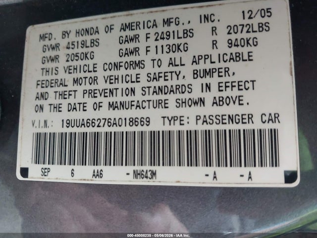 45008235 :رقم المزاد ، 19UUA66276A018669 vin ، 2006 Acura Tl مزاد بيع