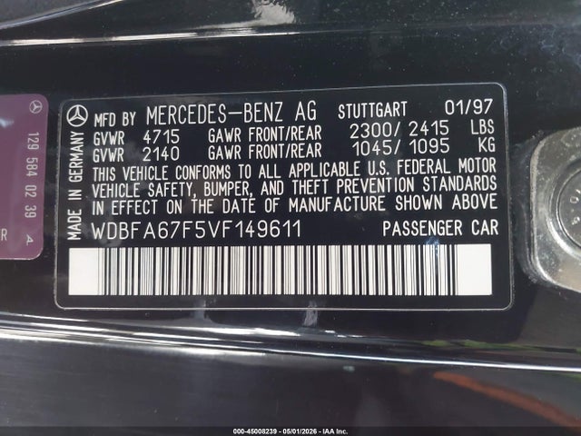 Aukcja sprzedaży 1997 Mercedes-benz Sl 500, vin: WDBFA67F5VF149611, numer aukcji: 45008239