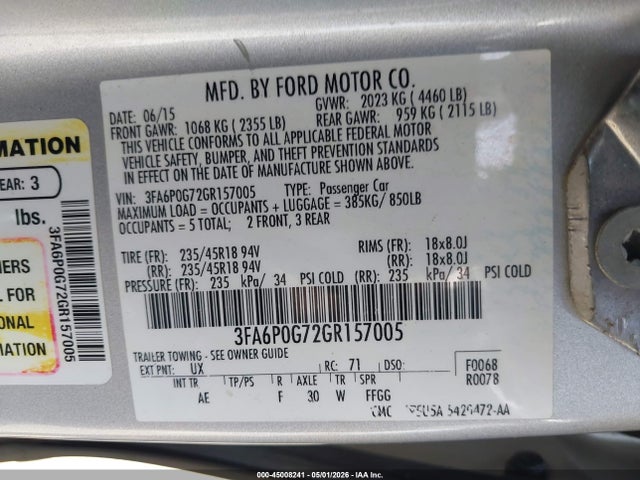 Ford FUSION S 2016 3FA6P0G72GR157005 Image 9